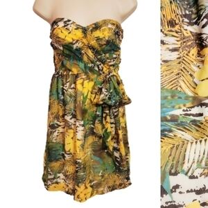 Forever 21 | Tropical Print Chiffon Faux Wrap Strapless Mini Dress Yellow Small